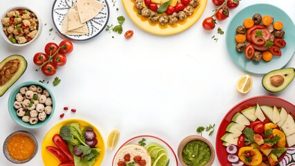 Blank Background Surrounded by Colorful Fruits and Vegetables. White Space for Text.