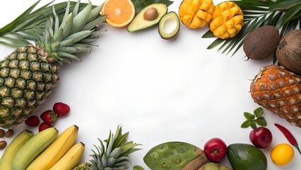 Blank Background Surrounded by Colorful Fruits and Vegetables. White Space for Text.
