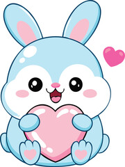 Cute blue bunny holding a pink heart. Kawaii rabbit character for Valentine's Day or Easter.
