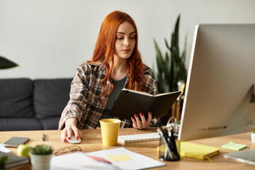 Young beautiful woman enjoying her spare time while reading in a cozy home workspace