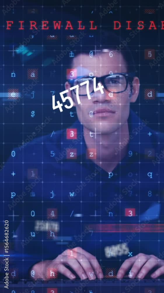 Poster animation of scientific data processing over caucasian man using computer
