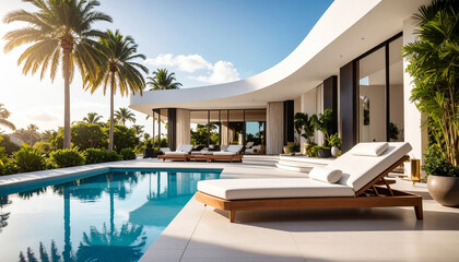 Fototapeta premium swimming pool in hotel with lounger, sunny day 