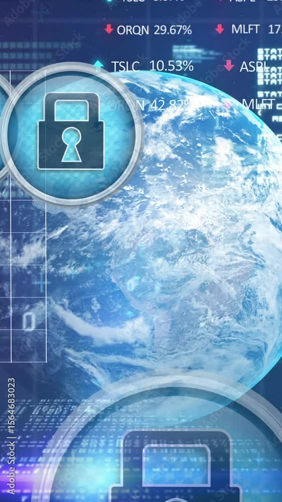 Poster animation of online security padlock icons moving over data processing on blue background
