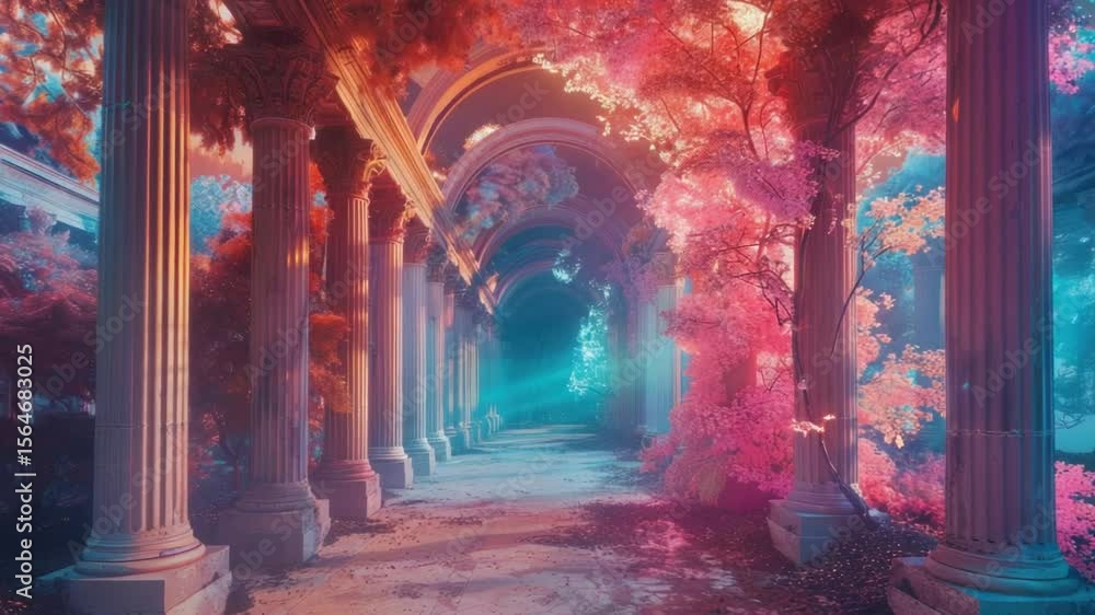 Aufkleber A serene walkway with ornate columns and lush trees in the background, suitable for use in architectural or nature-inspired designs