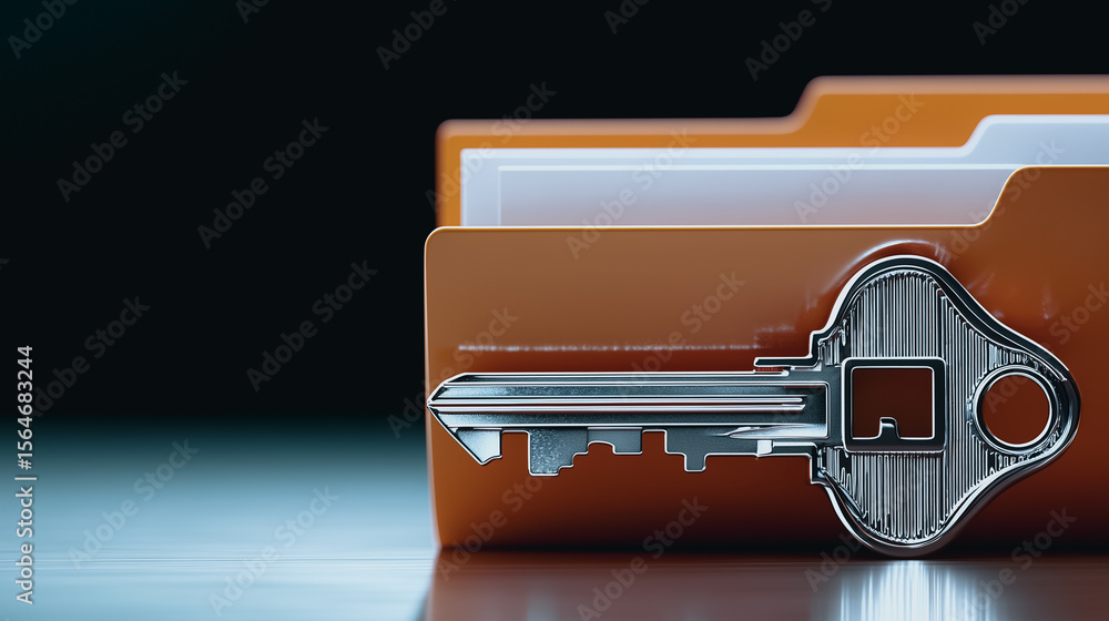 Poster digital guardian: a shiny key rests, symbolizing security and access, against a folder filled with c
