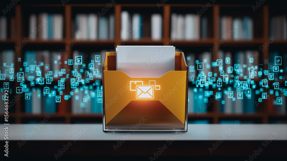 Poster digital folder with glowing icons: the digital folder with a glow on table, symbols for online commu