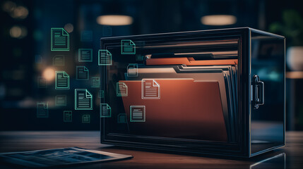 Fototapeta premium Data Archive Visualization: A digital rendering of a document archive, with files floating from the filing cabinet, suggesting the efficiency of digital data management in a business setting. 