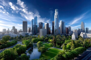 Skyline view of downtown urban landscape with lush greenery in Los Angeles during daylight