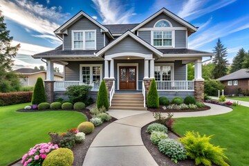 Luxury Gray Craftsman Home, Landscaped Yard, Serene Evening Light