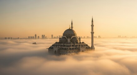 Majestic Mosque Emerges from Sea of Clouds at Sunrise