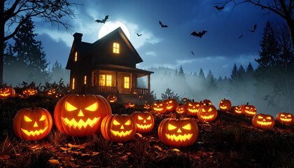 Halloween background with pumpkins and haunted house - 3D render. Halloween background with Evil Pumpkin. Spooky scary dark Night forrest. Holiday event halloween banner background concept