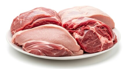 Assortment of fresh raw pork cuts on a plate