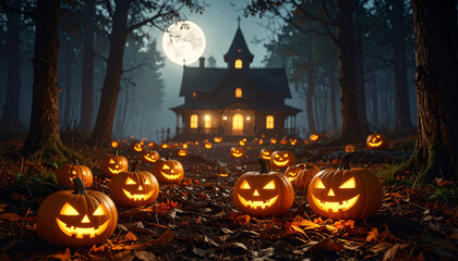Halloween background with pumpkins and haunted house - 3D render. Halloween background with Evil Pumpkin. Spooky scary dark Night forrest. Holiday event halloween banner background concept