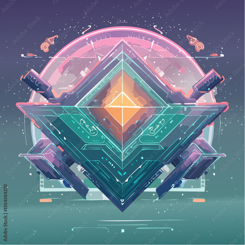Poster futuristic abstract geometric design with a vibrant color palette and space elements