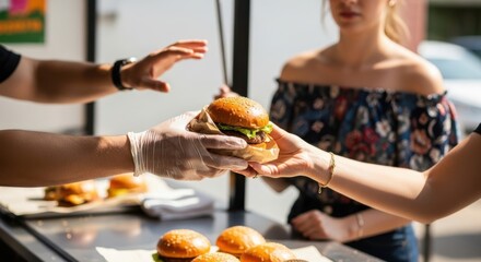 Customers receiving freshly made delicious burgers from a food truck