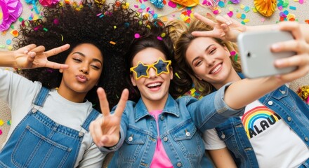 Three young women taking a selfie with peace signs surrounded by confetti