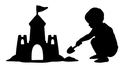 Child building a sandcastle with a shovel, vector silhouette illustration.