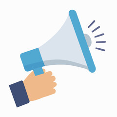Hand holding a blue and white megaphone vector illustration promoting an announcement