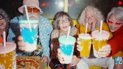 seniors in vibrant attire having fun and socializing in a bustling urban setting, showcasing joyful expressions and fashionable style