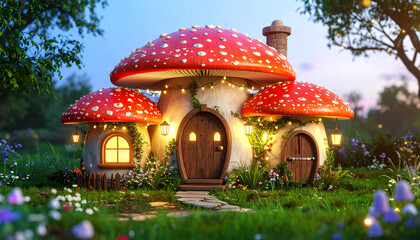Magical house shaped like a fly agaric mushroom in the forest photo