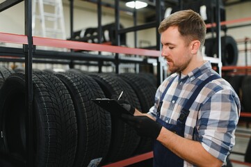 Professional worker with tire. Man is in the tire fitting car service