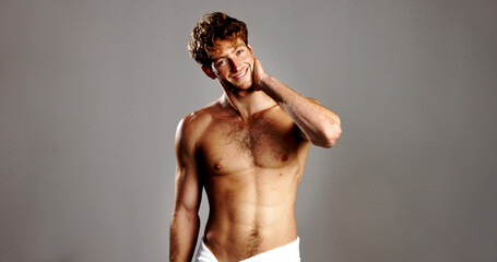 Portrait, man and topless for skincare in studio with natural beauty, facial treatment and abs....
