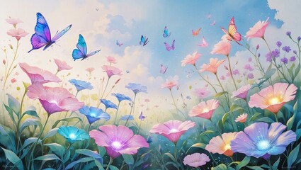 butterfly, flower, art, wall, decor, pastel, dreamy, nature, whimsical, soft, garden, watercolor, fantasy, floral, bloom, spring, pink, blue, illustration, magic, flying, print, botanical, bright, aes