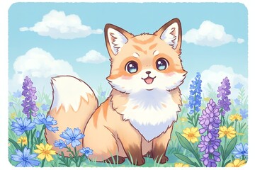 ラベンダー畑で、笑顔のキツネ。