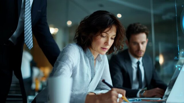 A businesswoman dressed in formal attire engages in a metric review with her coworker in a modern office space. She leans forward using a laser pointer to highlight critical information