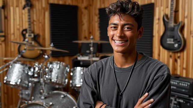 A smiling young musician in a music studio is surrounded by musical instruments and equipment, ready to create music. The artist's studio is set up for a jam session.