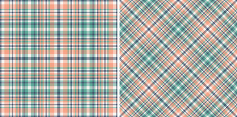 Two seamless pastel plaid patterns.  Perfect for textile design, website backgrounds, or crafting projects.  Offers both classic and diagonal checks in soft peach, teal, and white.