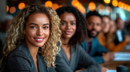 Fototapeta premium multiracial group of business people looking forward, being happy and smiling in a meeting
