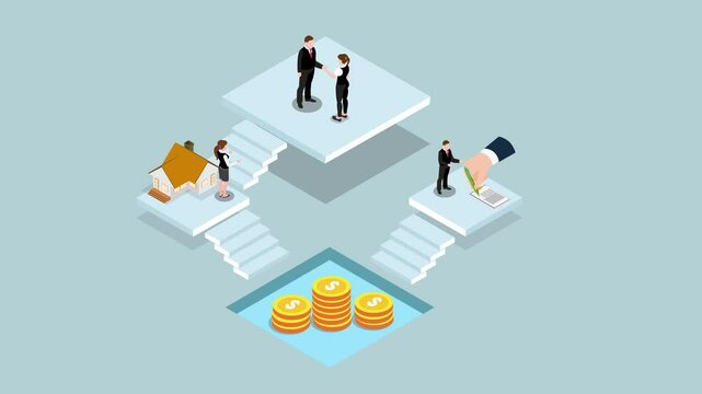 house and a woman are connected by steps to a central area with stacks of dollar coins 3d animation cartoon