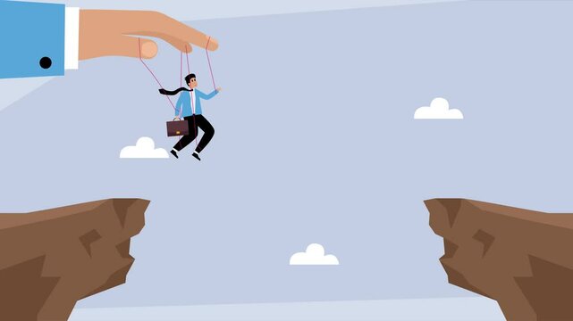 businessman is being lowered by puppet strings from a large hand across a gap between two cliffs, symbolizing control, manipulation, and overcoming obstacles with external influence cartoon animation