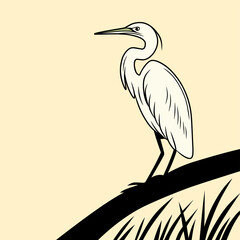 Stylized vector illustration of an egret bird perched on a curved branch with a beige background. Great for prints, nature decor, and wildlife-themed designs.