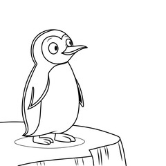 Black and white outline vector of a cute cartoon penguin standing on an ice floe. Great for coloring pages, kids' activities, and educational materials.