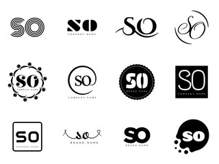SO logo company template. Letter s and o logotype. Set different classic serif lettering and modern bold text with design elements. Initial font typography.
