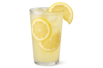 Glass of lemonade with ice cubes and lemon slices, isolated on transparent background, offering a cool and refreshing summer beverage