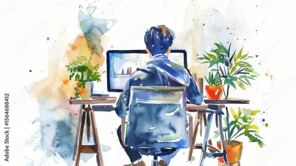 Poster A person typing away at their desk with a laptop and multiple screens