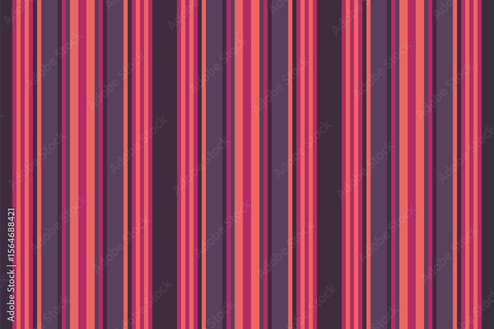 Poster retrostyled vertical stripes pattern in various widths with shades of purple and pink. seamless. use
