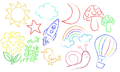 Crayon pencil vector set. Color lines and shapes with brush texture. Doodle paint background with chalk hand drawn elements. Sketch kid scribble, abstract children bg. Crayon shape, cloud, sun, snail