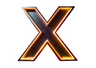 Metallic letter x with neon orange and pink glow isolated on transparent background