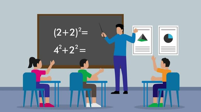 Teacher standing in front of a class, teaching a math problem written on a blackboard. Other students are seated at desks cartoon animation