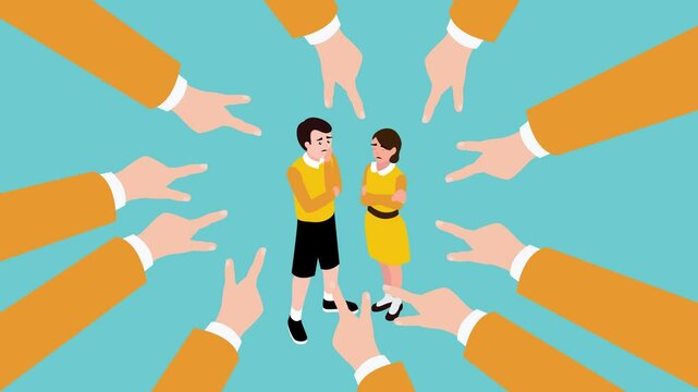 a man and a woman looking distressed, surrounded by multiple hands pointing fingers at them, symbolizing blame, public shaming, or accusation 3d animation cartoon