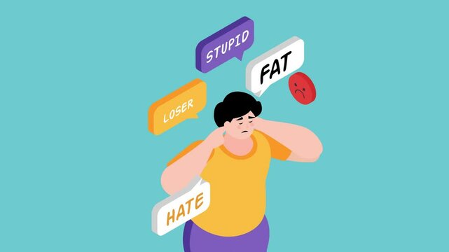 istressed person covering their ears, surrounded by speech bubbles with negative words 3d animation cartoon