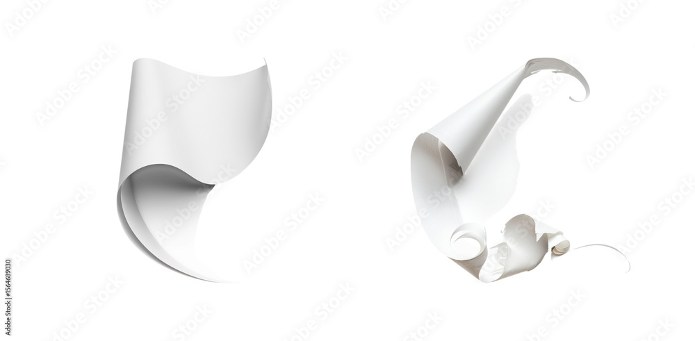 Poster elegant paper scrolls floating in the void, pristine delicate transparent background