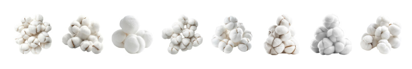 Multiple Arrangements of Fluffy Cotton Bolls Against a transparent background Generative AI