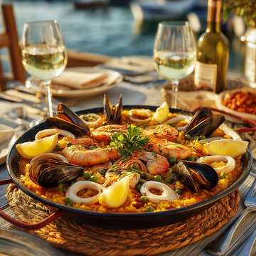 Puesta de sol con paella espa&ntilde;ola en la costa Brava