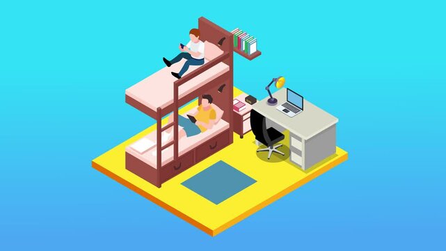 Two people are in a bunk bed, each using a mobile device. A desk with a laptop and a lamp is next to the bed 3d animation cartoon