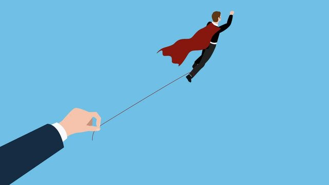 superhero businessman with a red cape flies, tethered by a thin string held by a large hand, symbolizing risk, external control, and precarious business ventures 3d animation cartoon